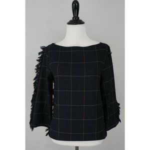 H&M Blue Black Plaid Ruffle Fringe Sleeve Size Boat Neck Top Shirt Size 2